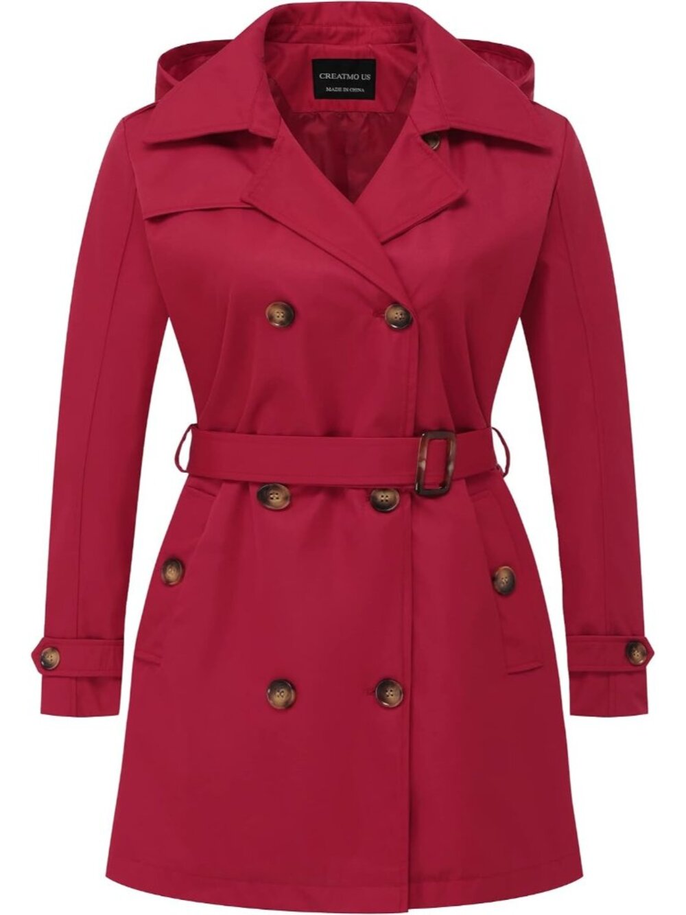 Women Red Cuff Sleeve Classic Lapel Double-Breasted Detachable Hood Trench Coat